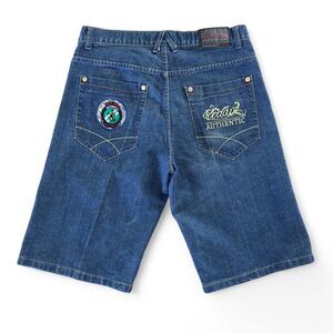 Red Ape Mens Denim Shorts Size 34 Blue Wide Leg Baggy Embroidered Hip Hop Y2K